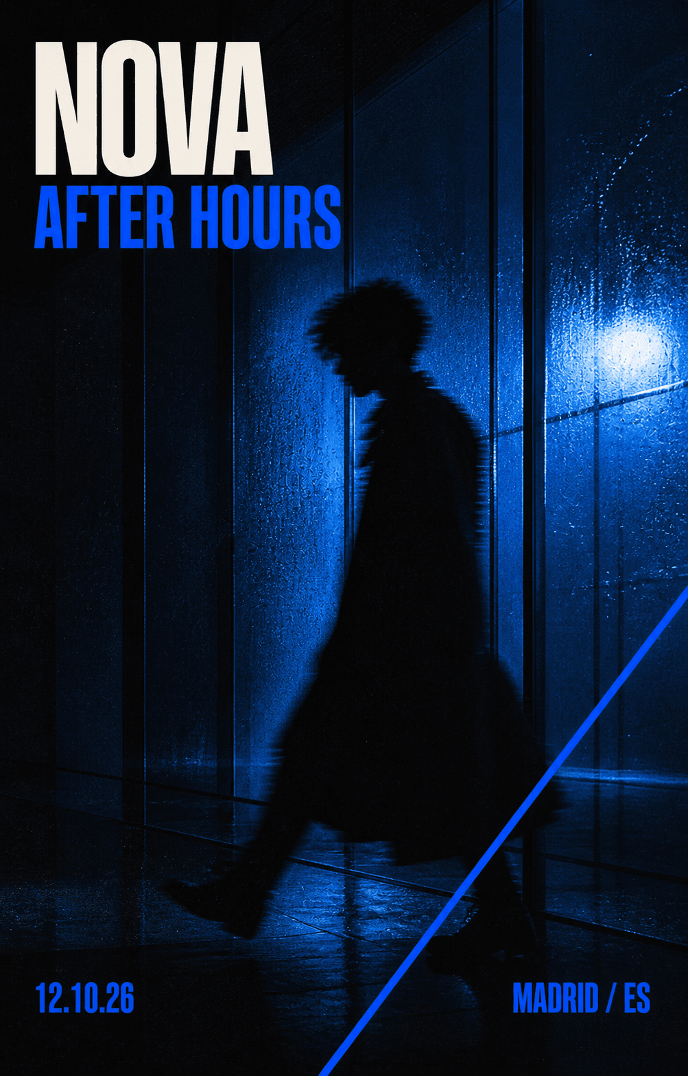 Póster vertical de NOVA — After Hours con una silueta en movimiento bajo luz azul