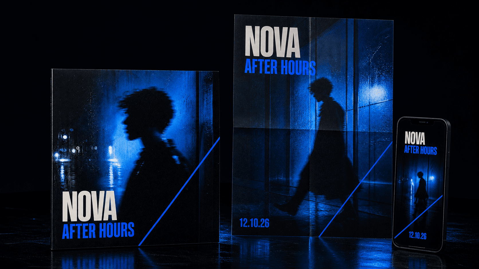 Sistema visual de NOVA — After Hours aplicado a vinilo, póster y contenido móvil